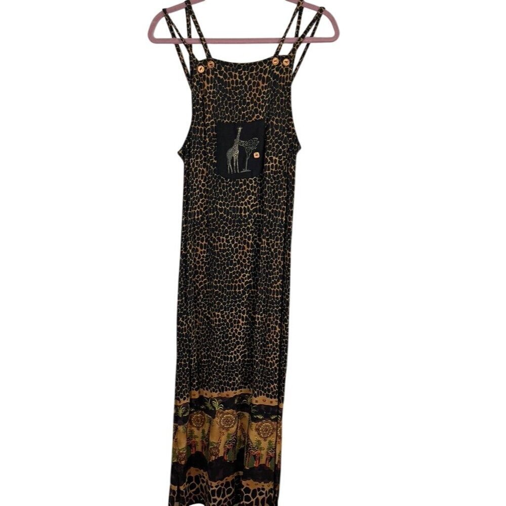 Piccalino‎ Dress Women 8P Brown Tank Maxi Safari Animal Print Giraffe Long 80s